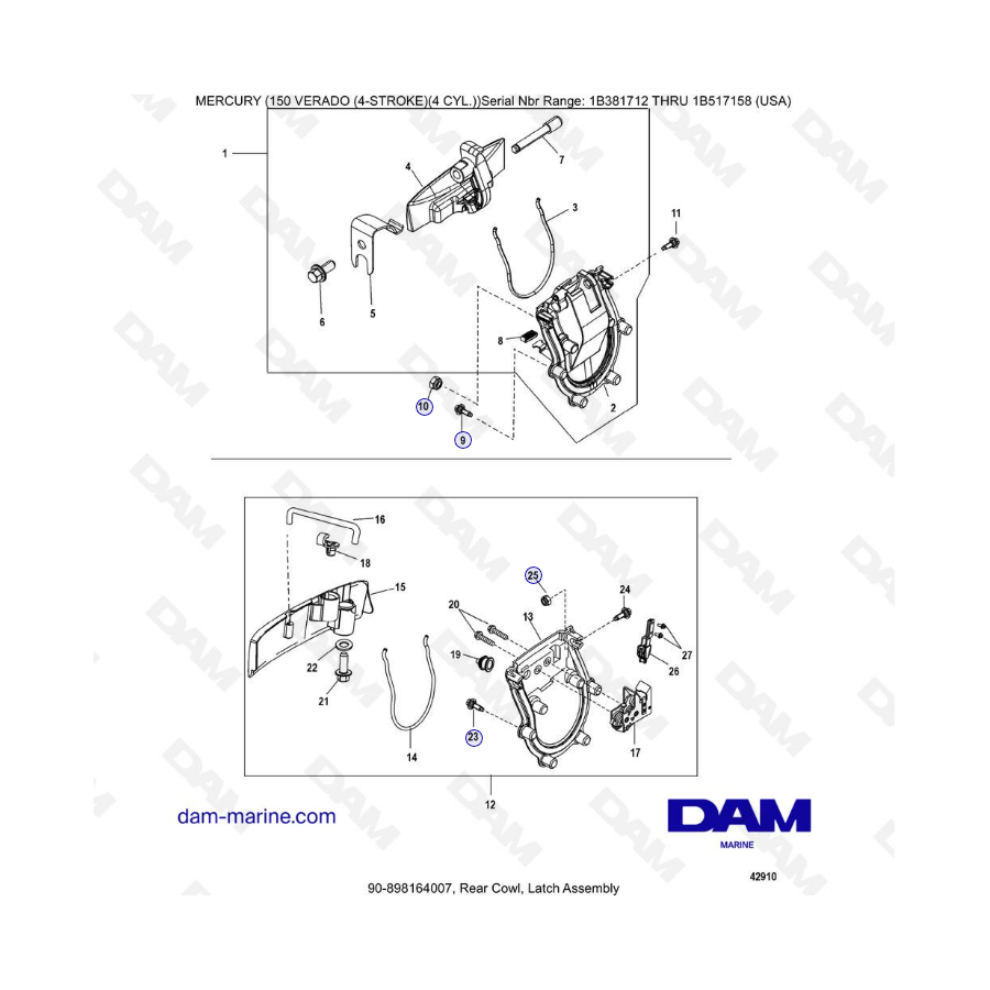 Mercury Verado 150 (SN 1B381712 à 1B517158) - Rear cowl, latch assembly