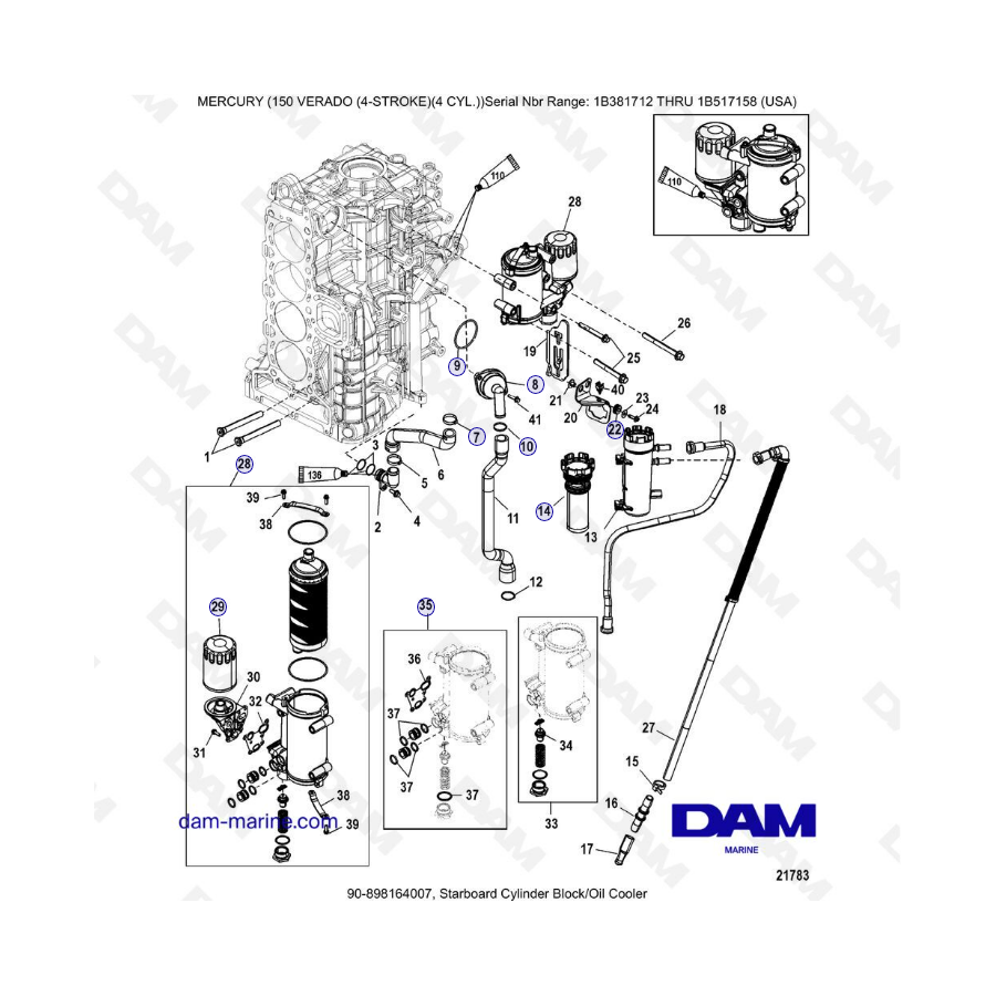 Mercury Verado 150 (SN 1B381712 à 1B517158) - Starboard cylinder block/Oil cooler