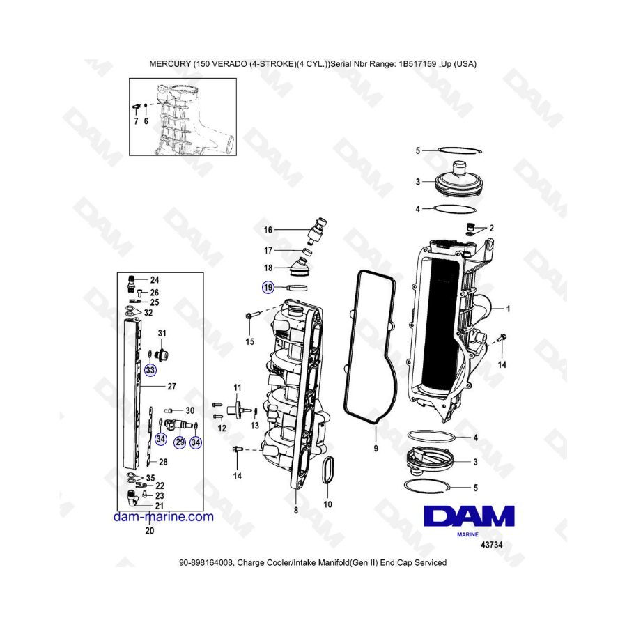 Mercury Verado 150 (SN 1B517158 & +) - Charge cooler/Intake manifold (Gen 2) End cap serviced