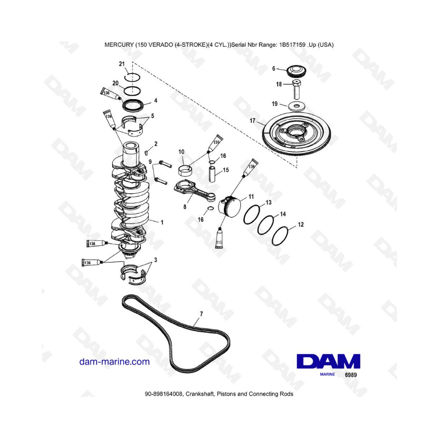 Mercury Verado 150 (SN 1B517158 & +) - Crankshaft, pistons & connecting rods