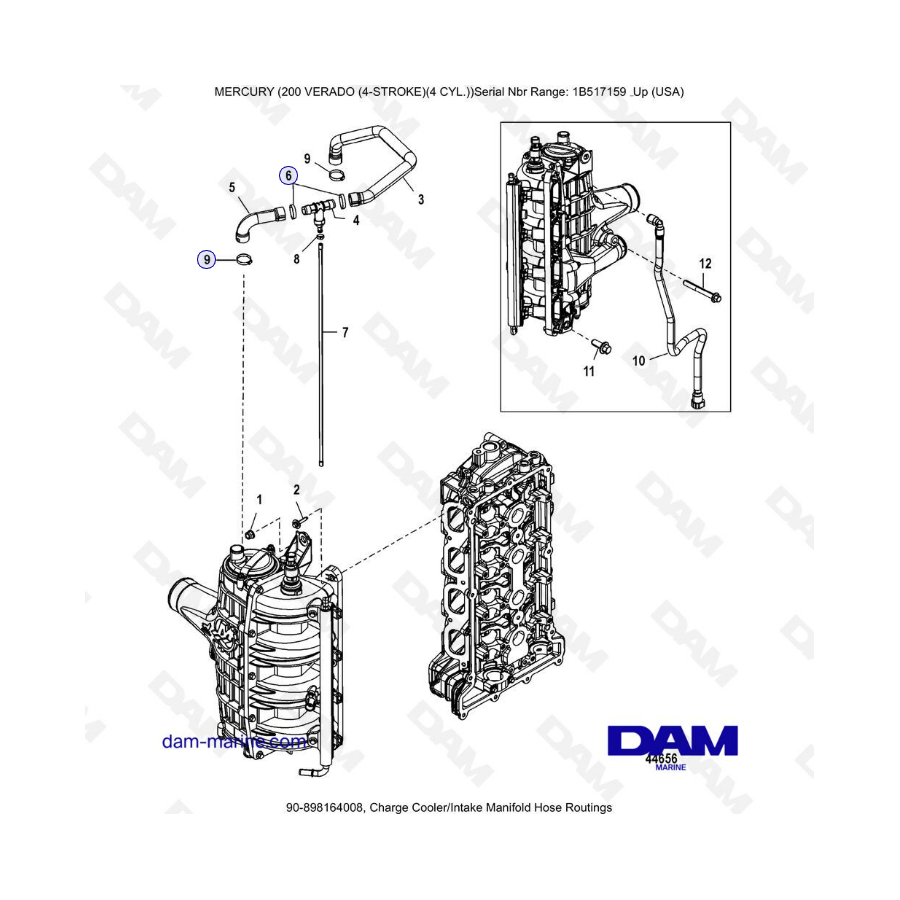 Mercury Verado 200 (4 Cylindres) - Charge cooler/Intake manifold hose routings