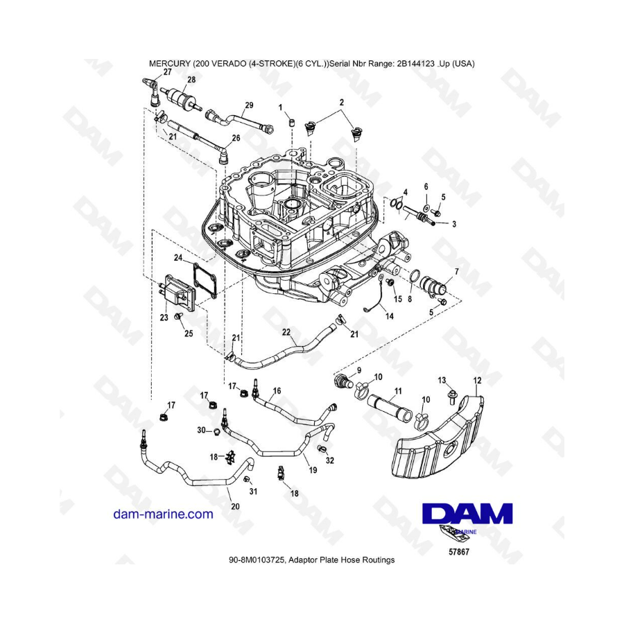 Mercury Verado 200 (6 cylinder) - Adapter plate hose routings