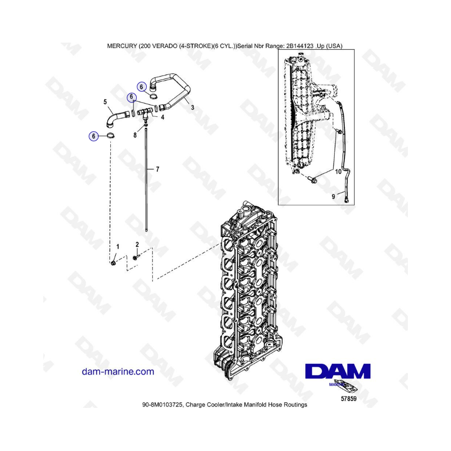 Mercury Verado 200 (6 cylinder) - Charge cooler/Intake manifold hose routings