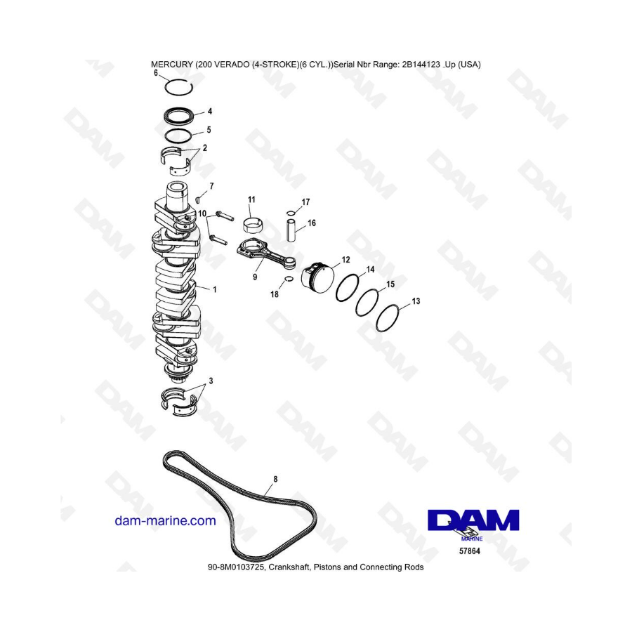 Mercury Verado 200 (6 cylindres) - Crankshaft, pistons & connecting rods