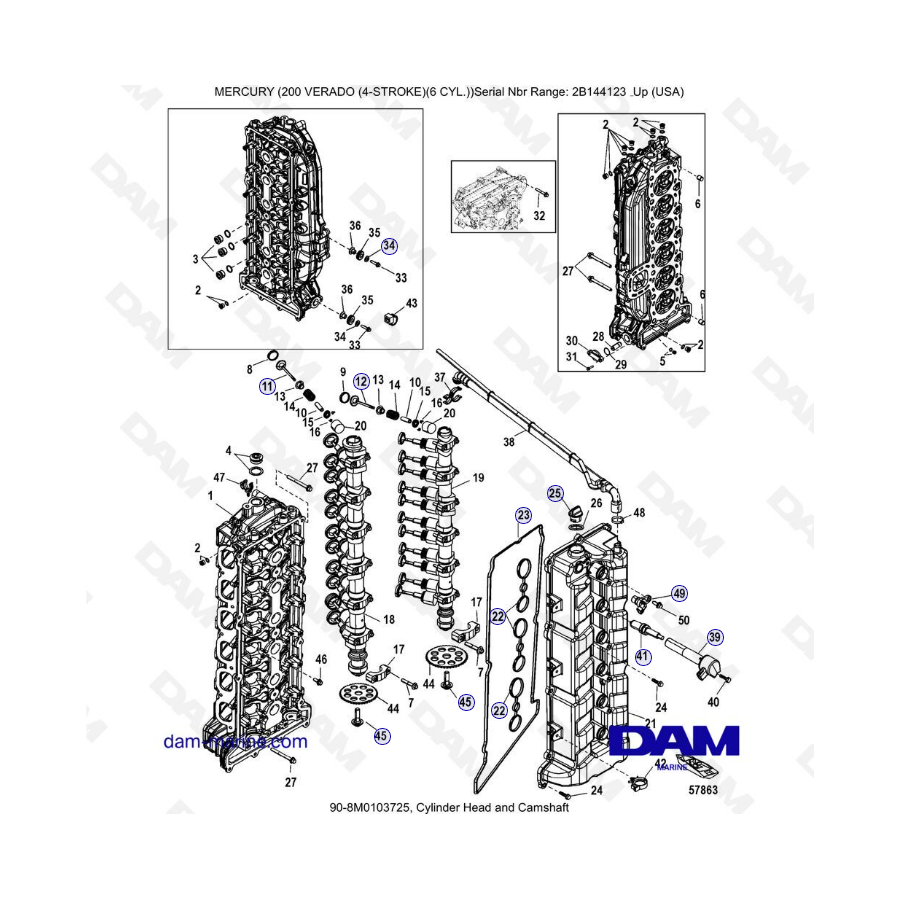 Mercury Verado 200 (6 cilindros) - Culata y árbol de levas