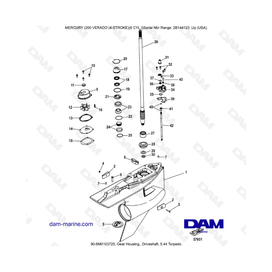 Mercury Verado 200 (6 cylinders) - Gear housing, driveshaft 5.44 torpedo 