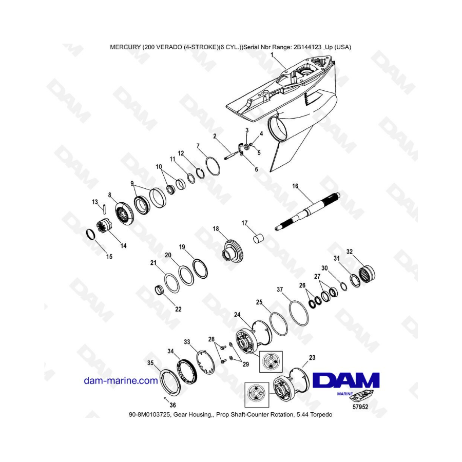 Mercury Verado 200 (6 cilindros) - Caja de engranajes, contrarotación del eje de propulsión, 5.44 Torpedo