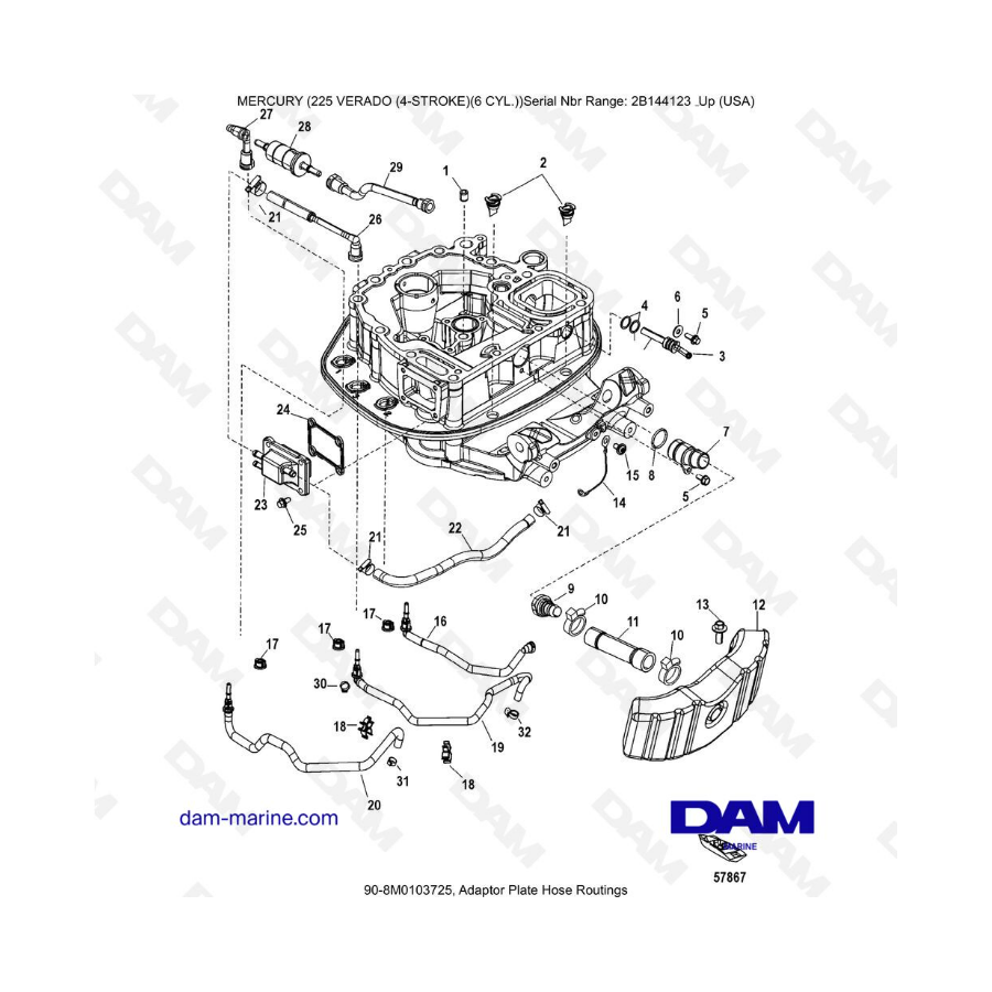 Mercury 225 Verado (2B144123 & ) - Adapter plate hose routings