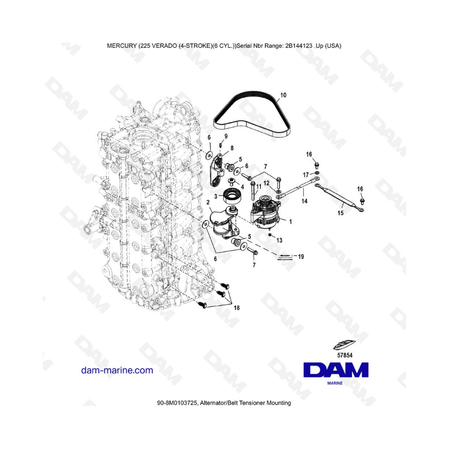 Mercury 225 Verado (2B144123 & +) - Alternator/Belt tensioner mounting