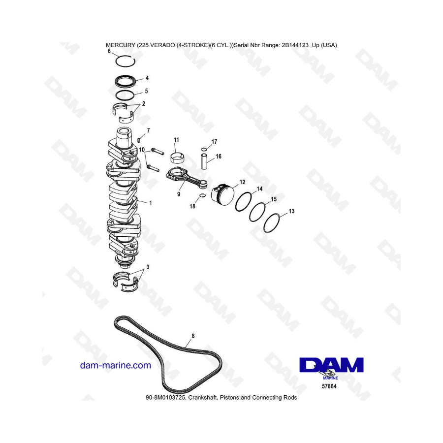 Mercury 225 Verado (2B144123 & ) - Crankshaft, pistons and connecting rods