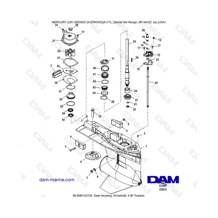 Mercury 225 Verado (2B144123 & +) - Gear housing, driveshaft, 4.80 Torpedo