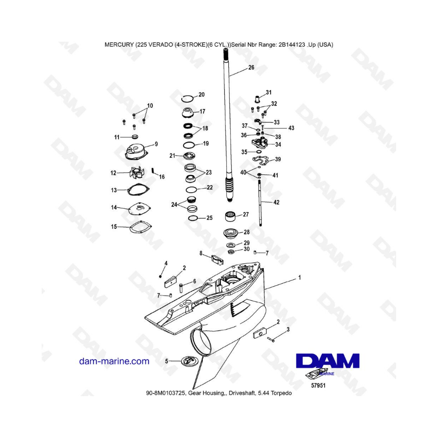 Mercury 225 Verado (2B144123 & +) - Gear housing, driveshaft 5.44 Torpedo