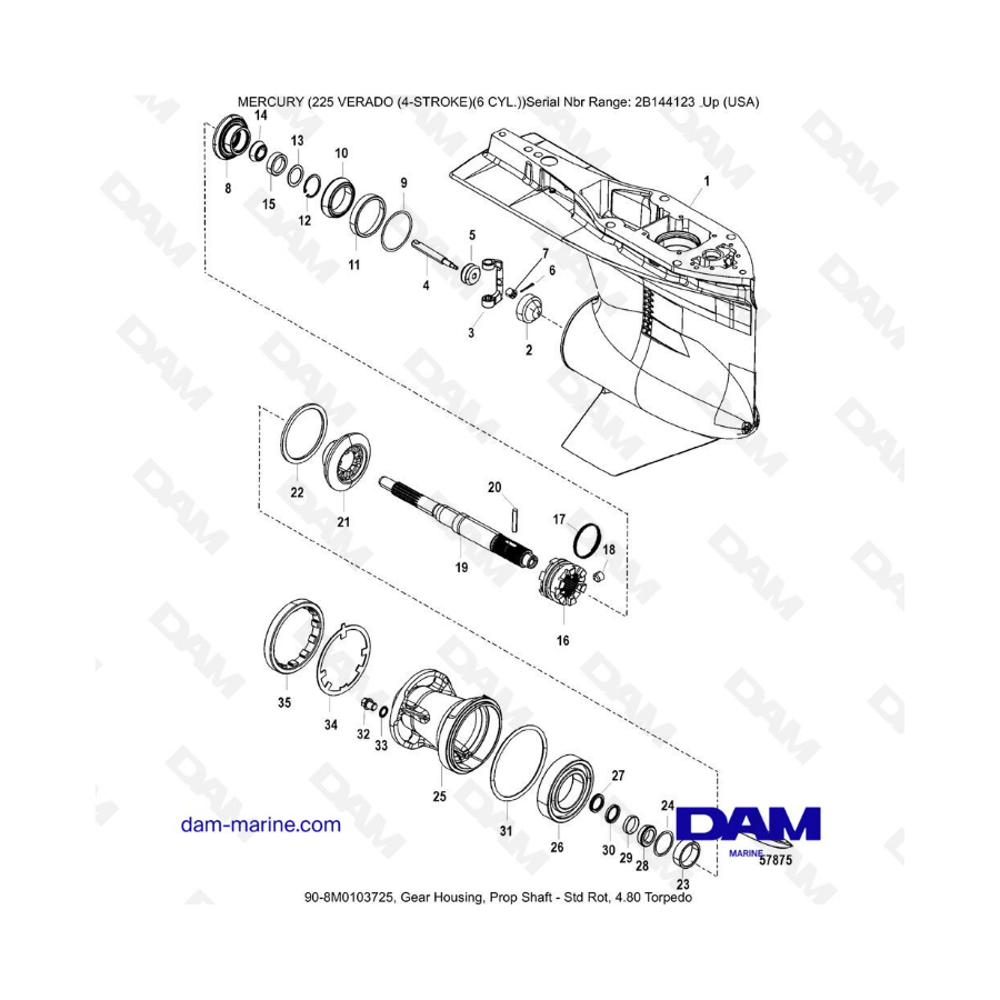 Mercury 225 Verado (2B144123 & +) - Gear Housing, Prop Shaft-Count Rot, 4.80 Torpedo