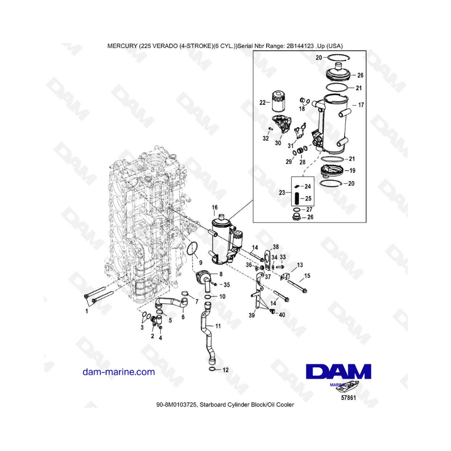 Mercury 225 Verado (SN 2B144123 & +) - Starboard cylinder block/Oil cooler