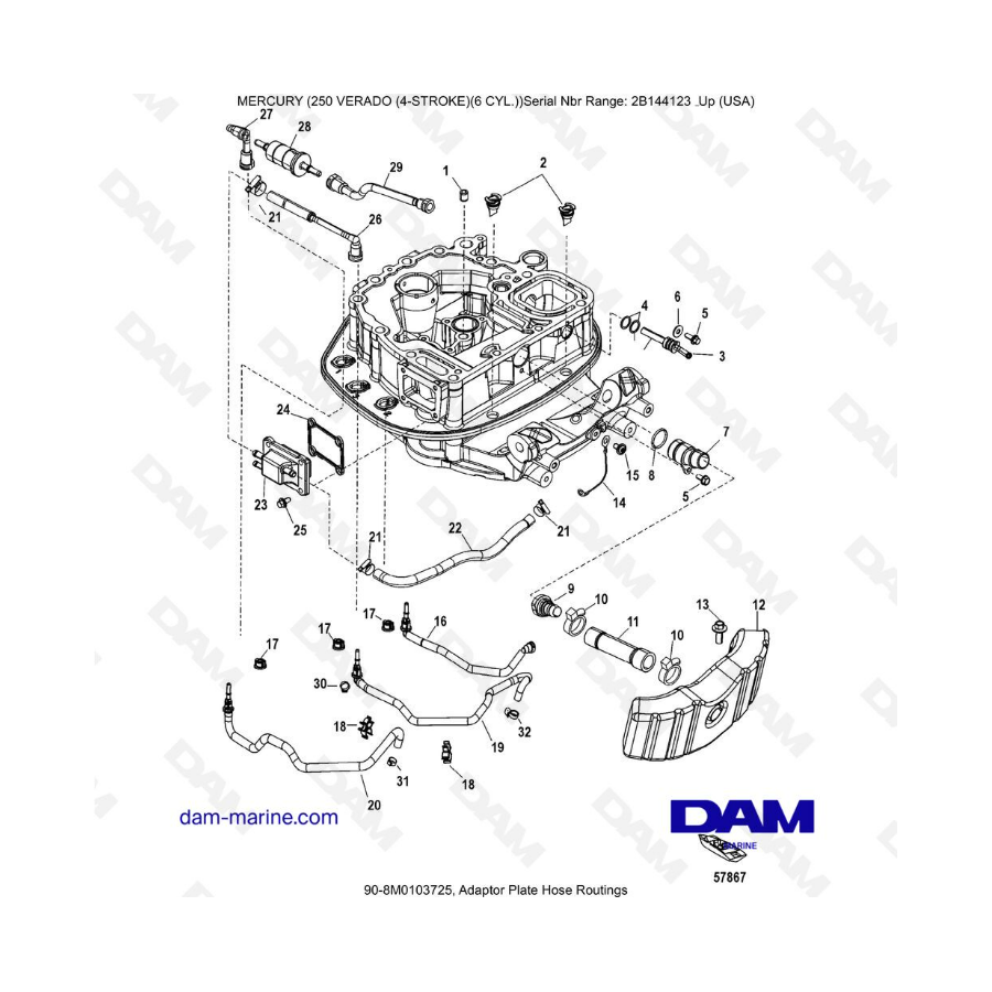 Mercury 225 Verado (SN 2B144123 & +) - Adapter plate hose routings