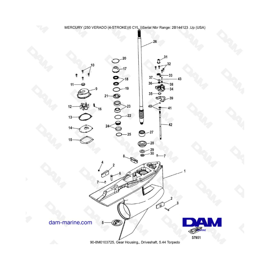 Mercury 225 Verado (SN 2B144123 & +) - Caja de engranajes, eje de transmisión 5.44 torpedo