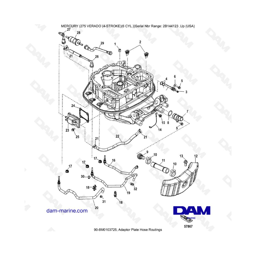 Mercury 275 Verado (6 Cyl) (SN 2B144123 & +) - Adapter plate hose routings