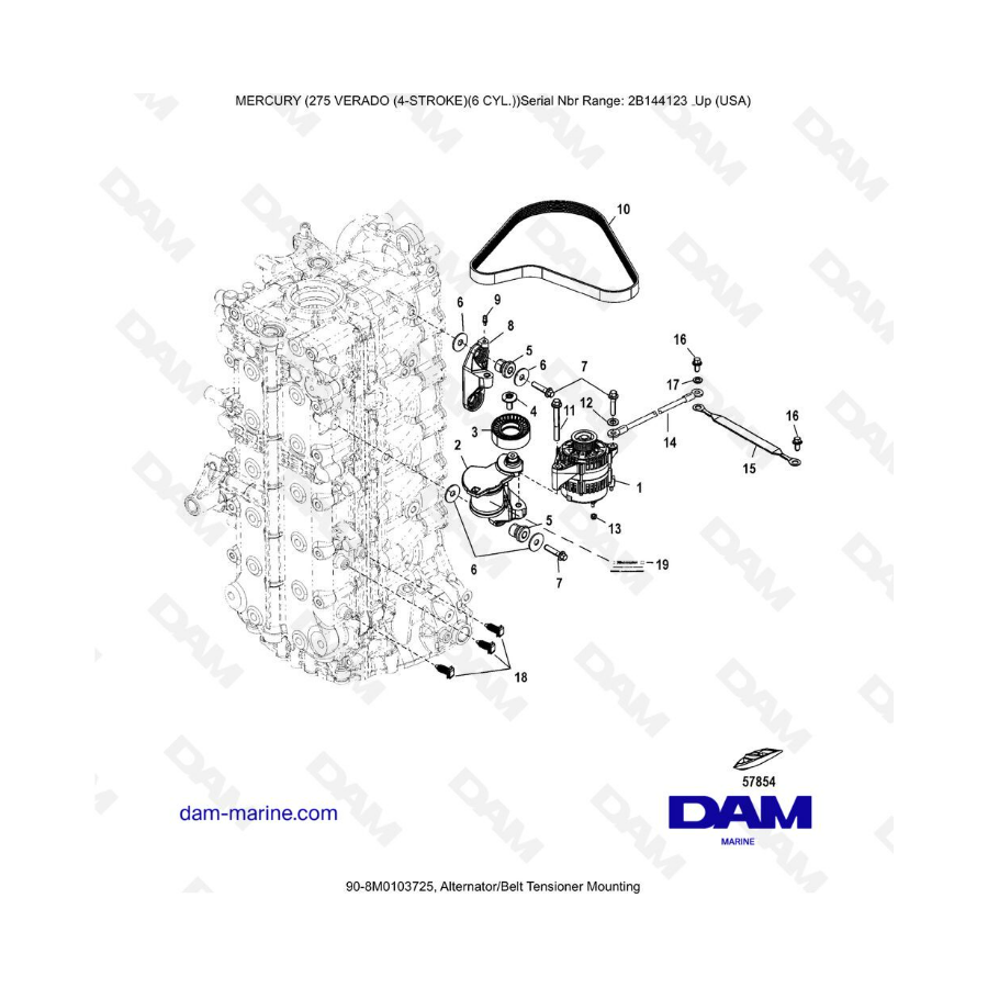 Mercury 275 Verado (6 Cyl) (SN 2B144123 & +) - Alternator belt tensioner mounting