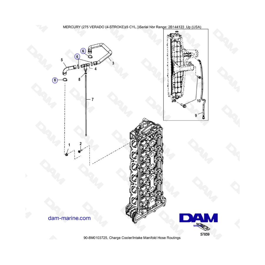 Mercury 275 Verado (6 Cyl) (SN 2B144123 & +) - Charge cooler/Intake manifold hose routings