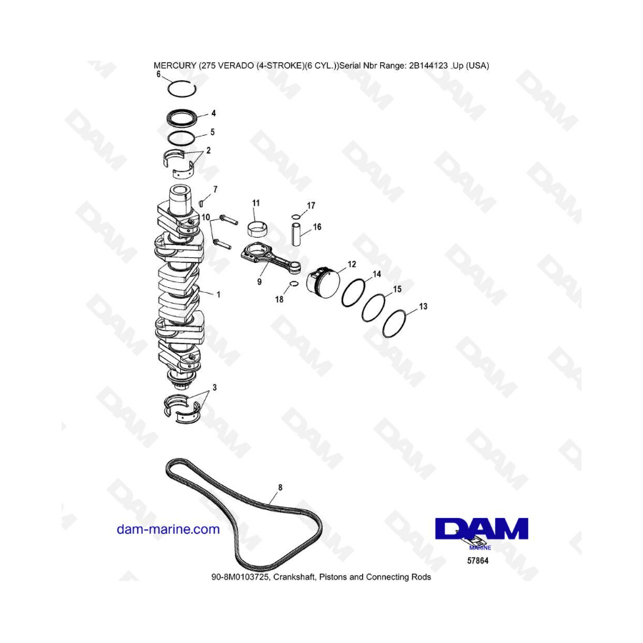 Mercury 275 Verado (6 Cyl) (SN 2B144123 & +) - Crankshaft, pistons & connecting rods