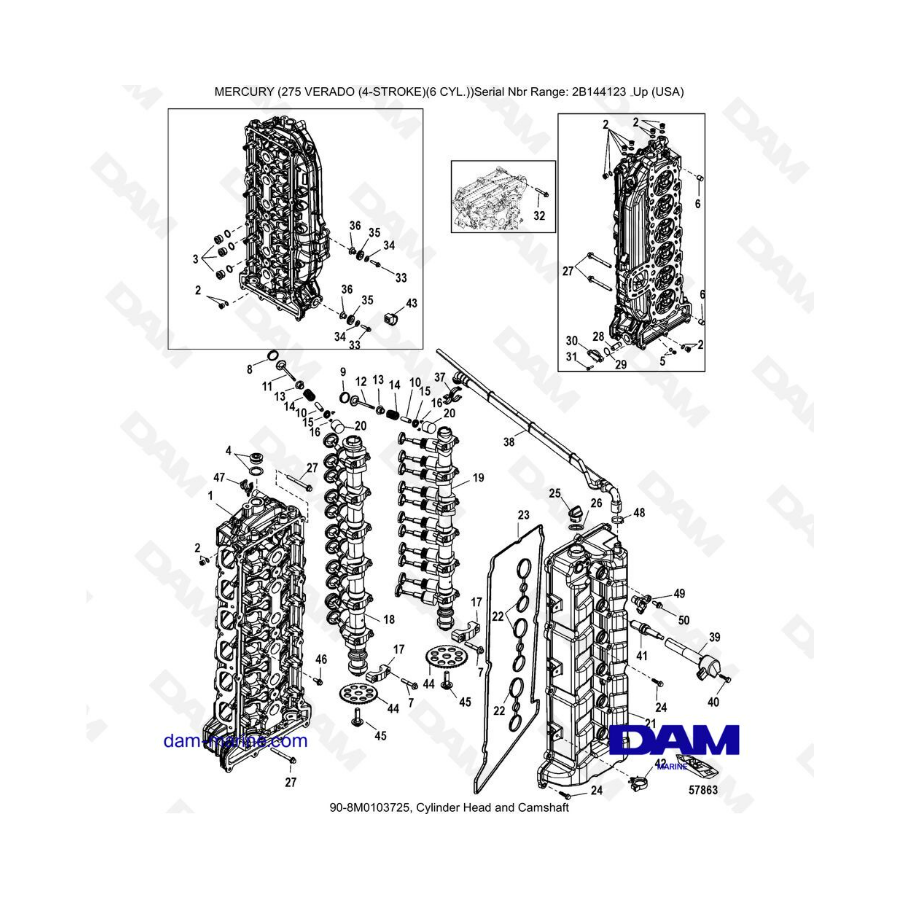 Mercury 275 Verado (6 Cyl) (SN 2B144123 & +) - Culata y árbol de levas