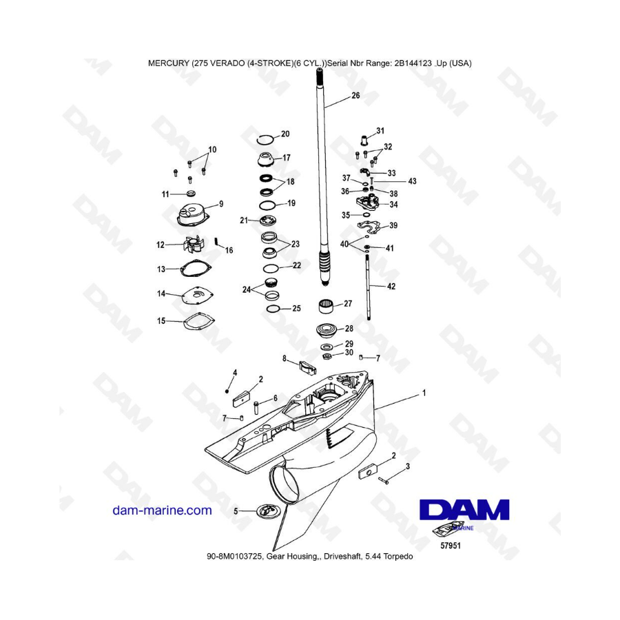 Mercury 275 Verado (6 Cyl) (SN 2B144123 & +) - Gear housing, driveshaft, 5.44 Torpedo