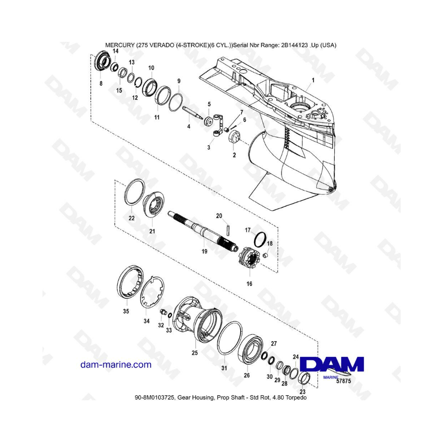 Mercury 275 Verado (6 Cyl) (SN 2B144123 & +) - Gear housing, prop shaft - std rot, 4.80 torpedo