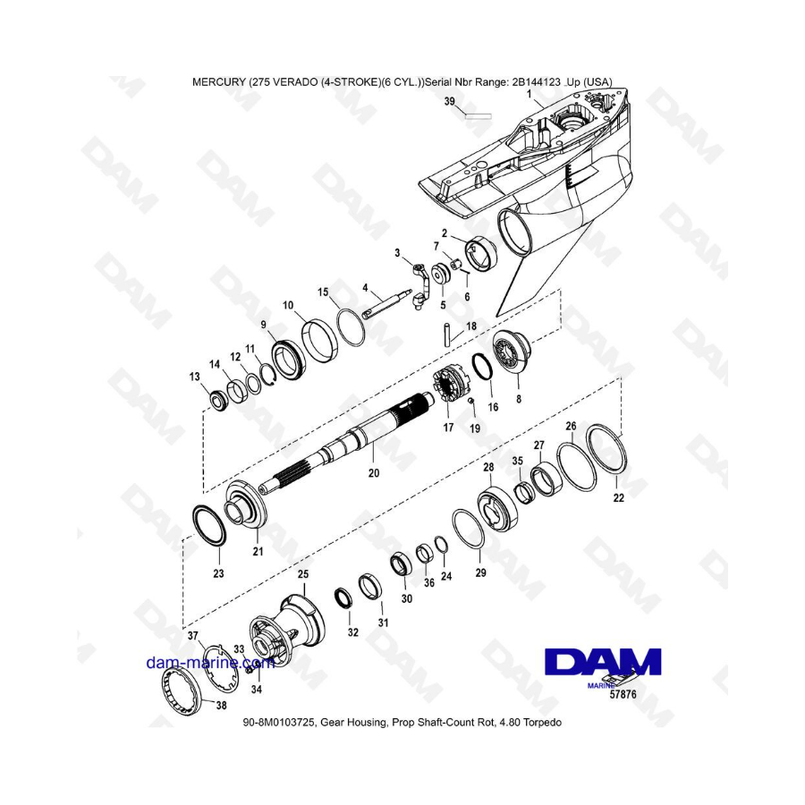 Mercury 275 Verado (6 Cyl) (SN 2B144123 & +) - Gear housing, prop shaft-count rot, 4.80 torpedo