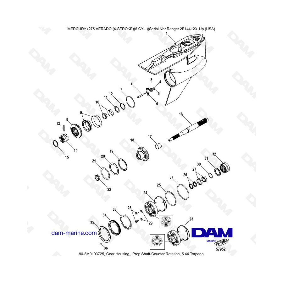 Mercury 275 Verado (6 Cyl) (SN 2B144123 & +) - Gear housing, prop shaft-counter rotation, 5.44 torpedo