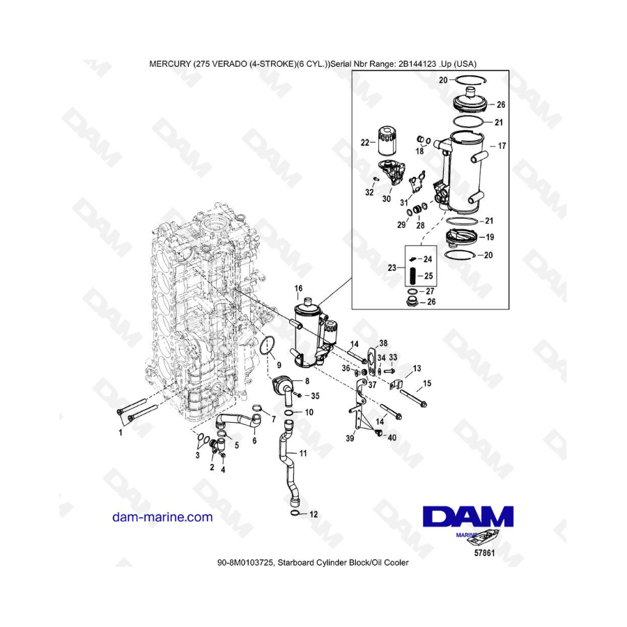 Mercury Verado 275 (SN2B144123 & +) - Starboard cylinder block/Oil cooler