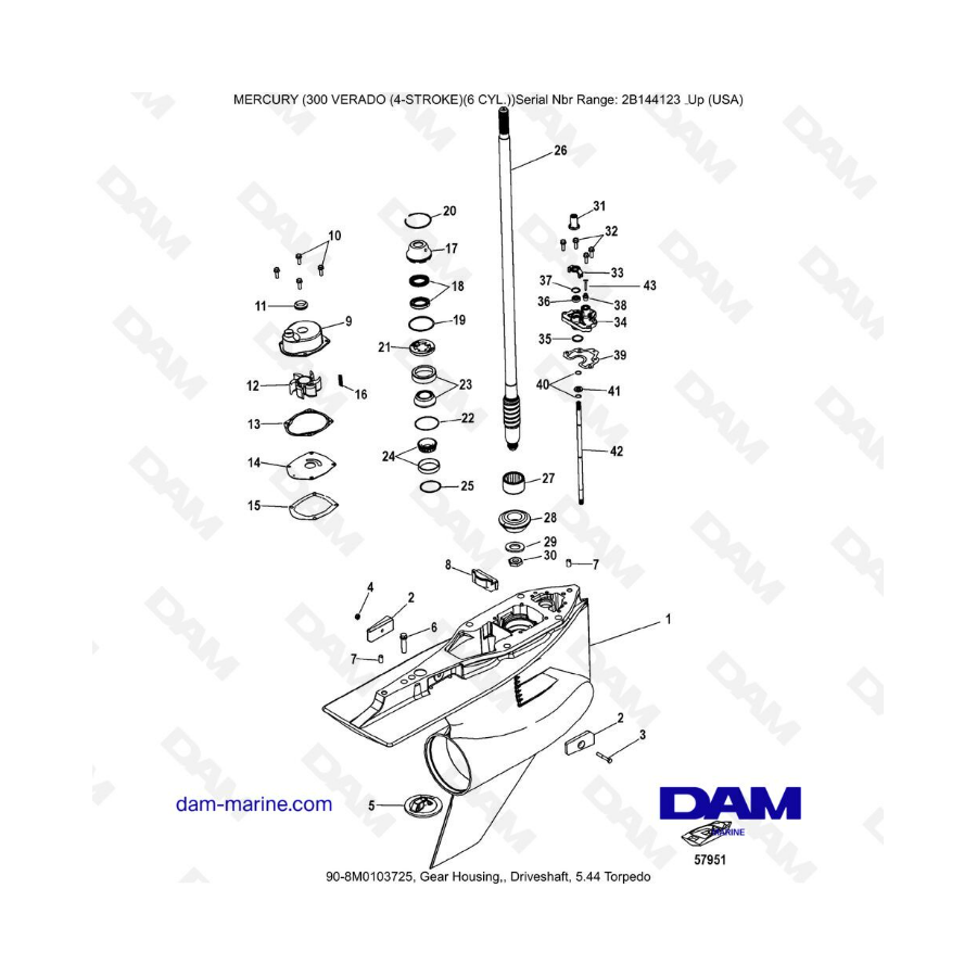 Mercury Verado 300 (SN2B144123 y +) - Caja de engranajes, eje de transmisión 5.44 Torpedo