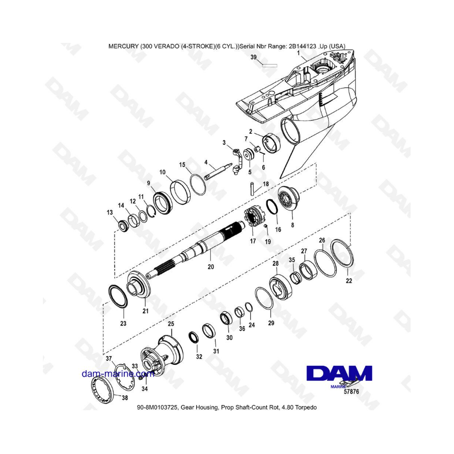 Mercury Verado 300 (SN2B144123 y +) - Caja de engranajes, podredumbre del recuento del eje de la hélice, 4.80 Torpedo