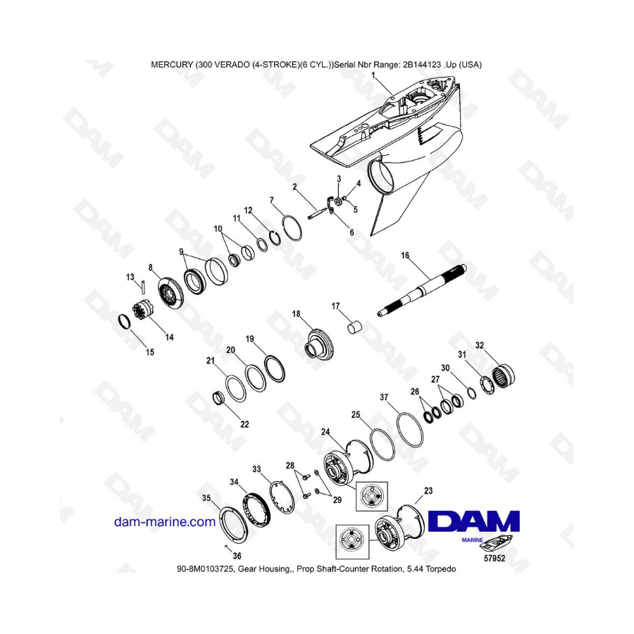 Mercury Verado 300 (SN2B144123 y +) - Caja de engranajes, contrarrotación del eje de propulsión, 5.44 Torpedo