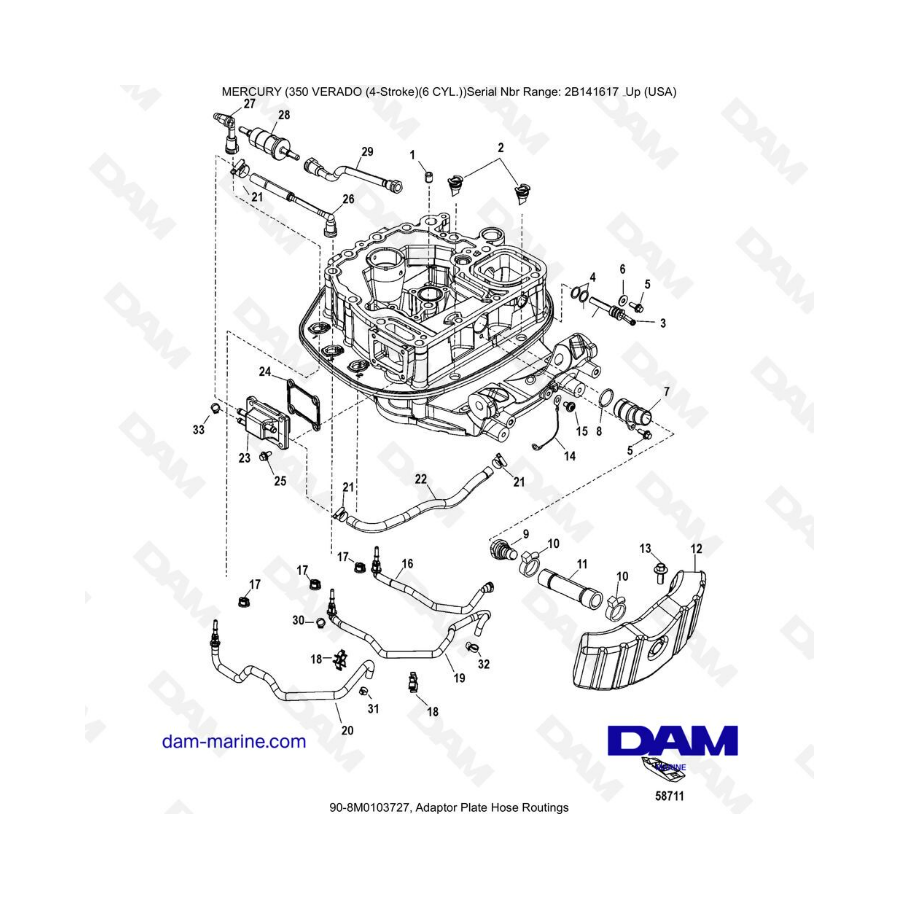 Mercury Verado 350 (SN2B144123 & +) - Adapter plate hose routings 