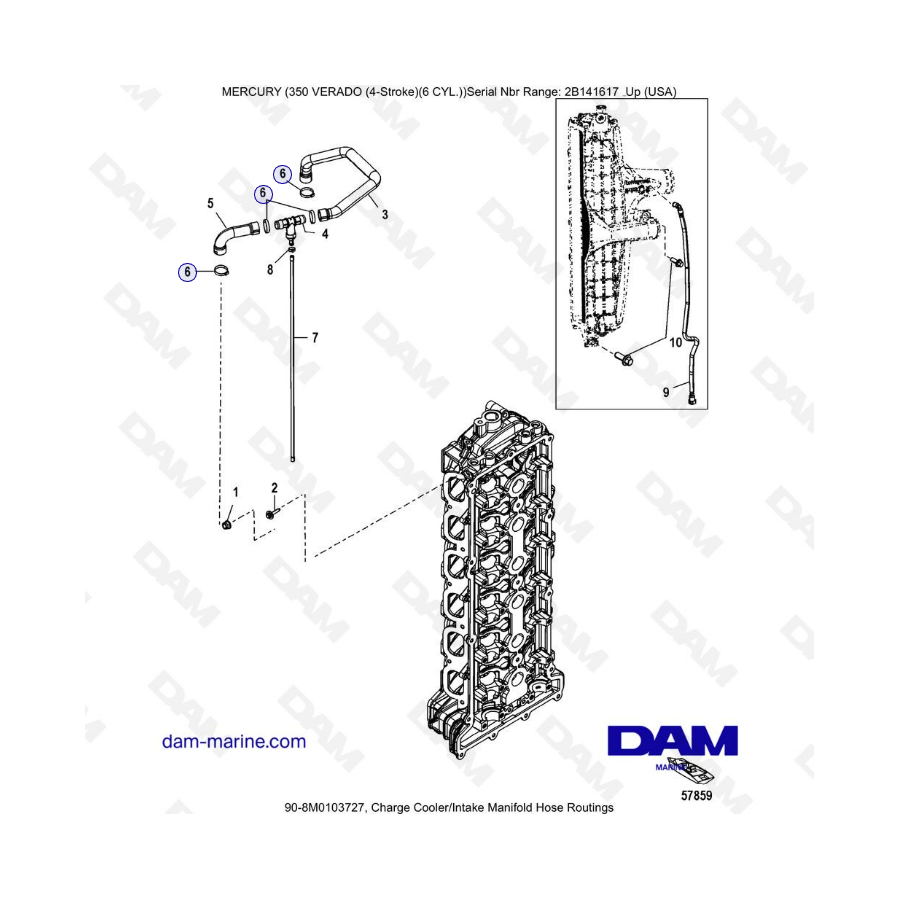 Mercury Verado 350 (SN2B144123 & +) - Charge cooler/Intake manifold hose routings