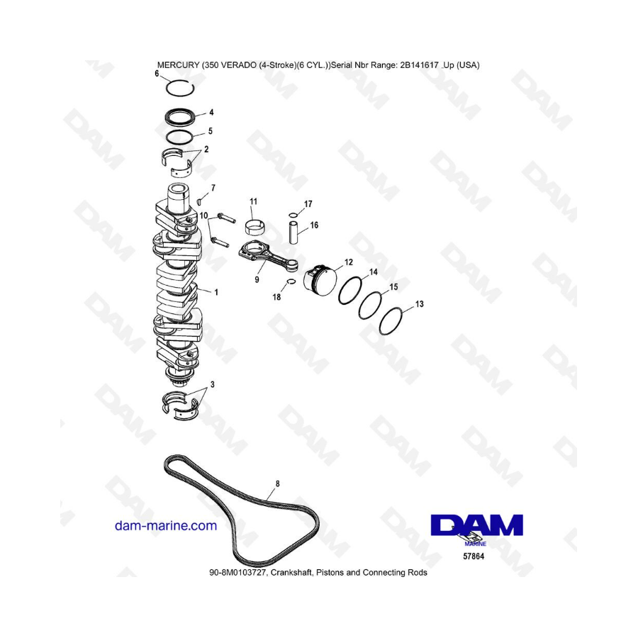 Mercury Verado 350 (SN2B144123 & +) - Crankshaft, pistons and connecting rods