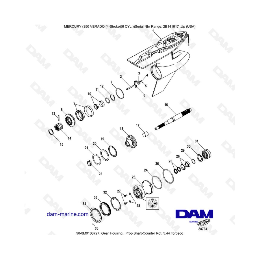 Mercury 350 Verado (6 CYL) - Gear housing, Prop shaft-counter rot, 5.44 Torpedo