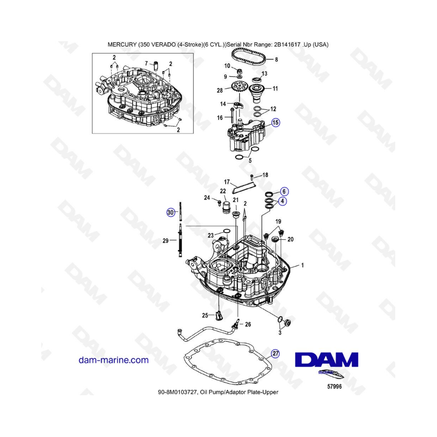 Mercury 350 Verado (6 CYL) - Bomba de aceite/placa adaptadora superior