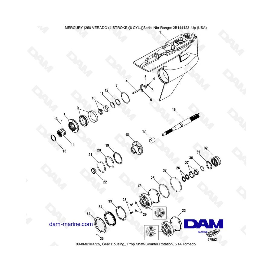 Mercury Verado 250 - Gear housing, Prop shaft-counter rotation, 5.44 Torpedo