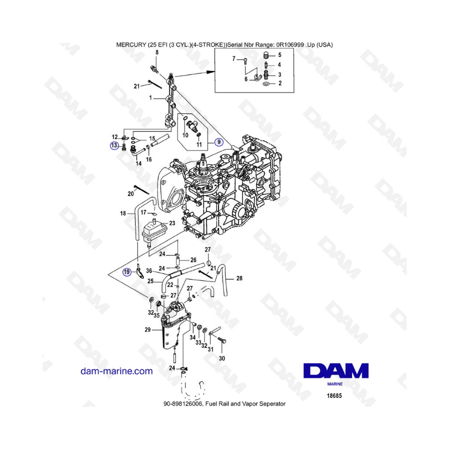 Mercury 25 EFI - Raíl de combustible y separador de vapor