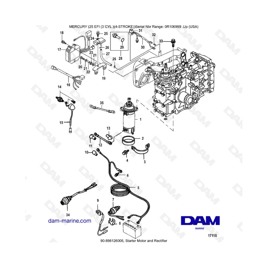 Mercury 25 EFI - Starter motor & rectifier