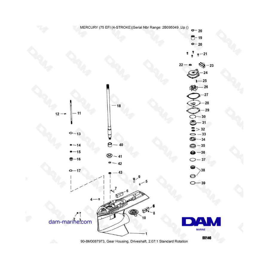 Mercury 75 EFI - Caja de engranajes, eje de transmisión, rotación estándar 2.07:1