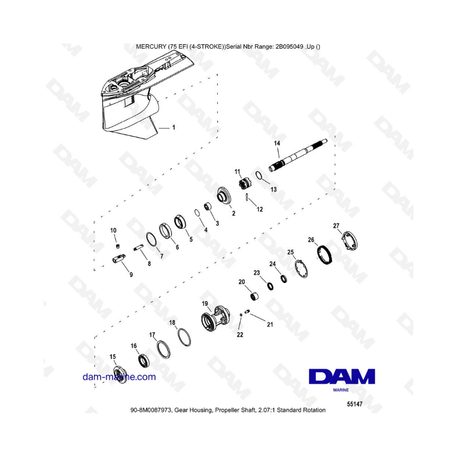 Mercury 75 EFI - Gear housing, propeller shaft, 2.38:1 Counter rotation