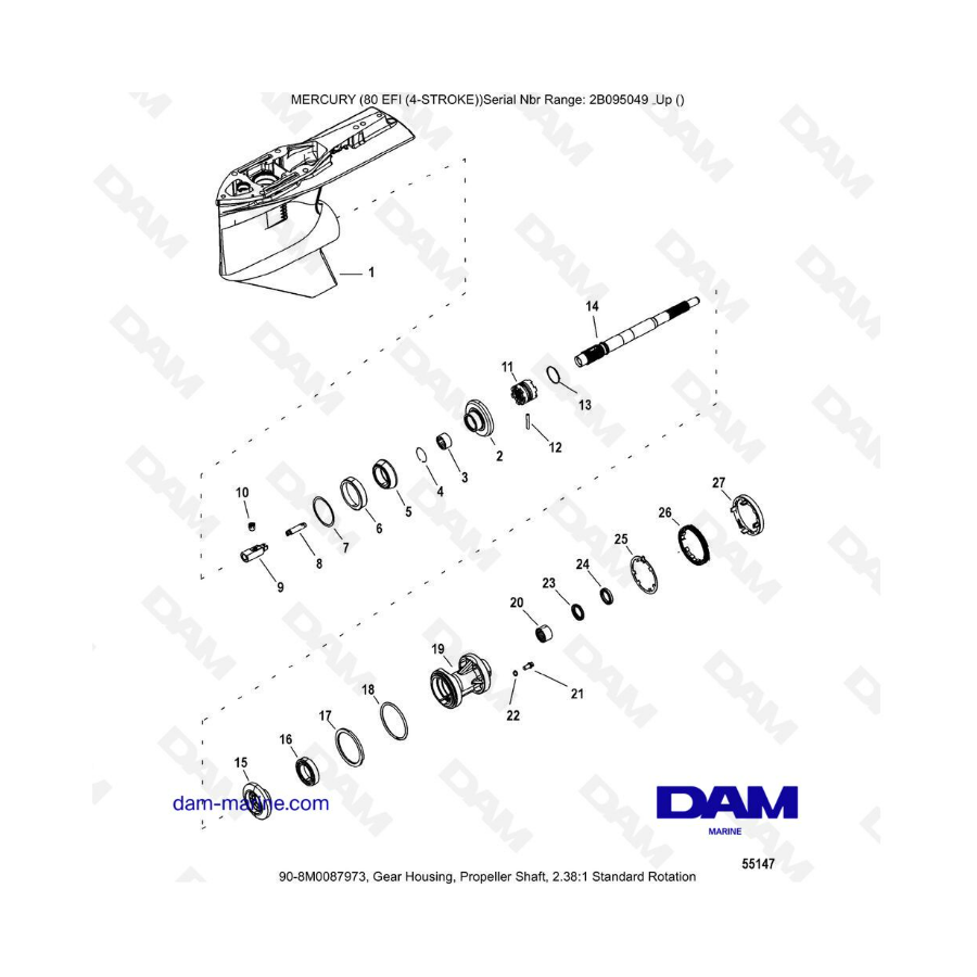 Mercury 90 EFI - Gear Housing, Propeller Shaft, 2.38:1 Standard Rotation