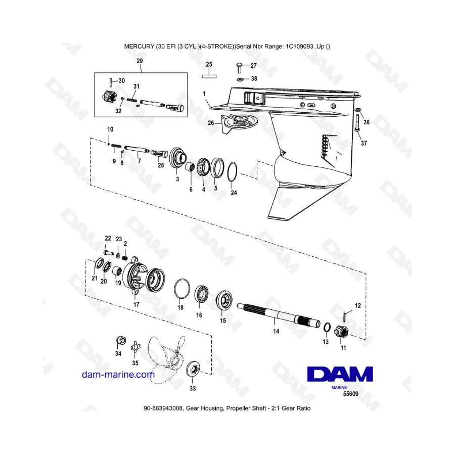 Mercury 30 EFI - Gear housing, propeller shaft - 2:1 Gear ratio