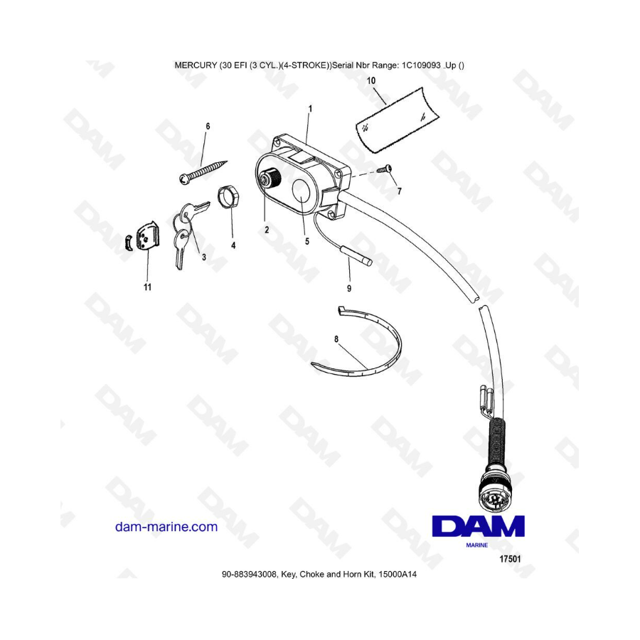 Mercury 30 EFI - Kit de llave, estrangulador y bocina, 15000A14