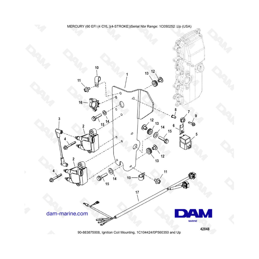 Mercury 60 EFI - Montaje de bobina de encendido, 1C104424/0P560350 y posteriores