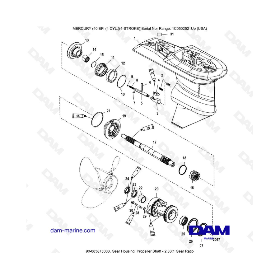 Mercury 40 EFI - Gear Housing, Propeller Shaft - 2.33:1 Gear Ratio