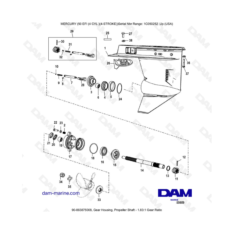 Mercury 50 EFI - Gear Housing, Propeller Shaft - 1.83:1 Gear Ratio