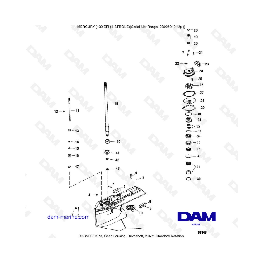 Mercury 100 EFI - Caja de engranajes, eje de transmisión, rotación estándar 2.07:1